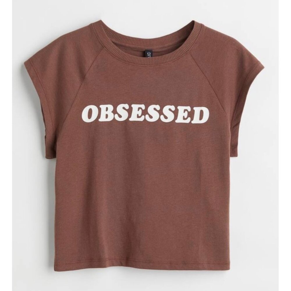 DIVIDED H&M Brown "Obsessed" Graphic Print Fitted Crop Length T-Shirt NWOT XS